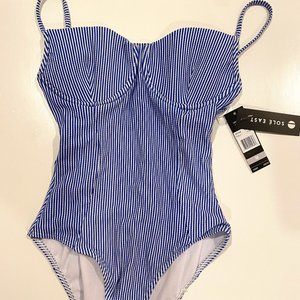 Navy Blue and White Seersucker One Piece